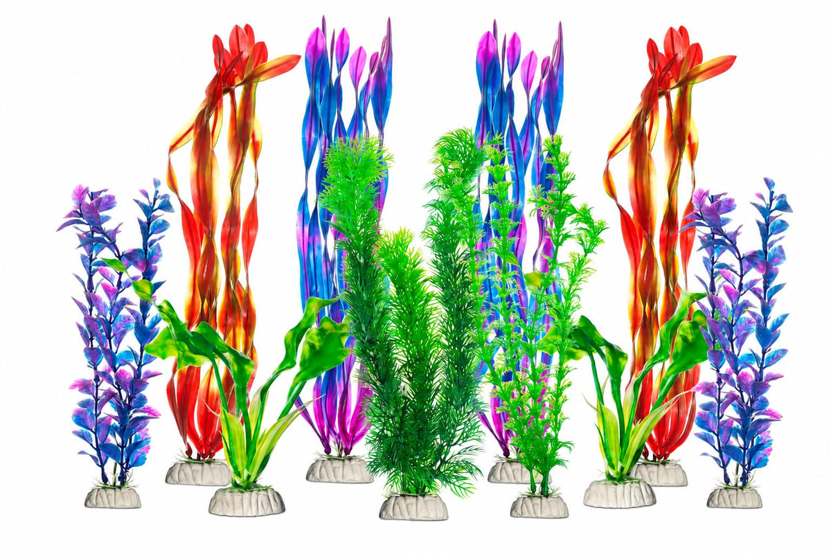 CNZ 10-Piece Assorted Color Aquarium Artificial Plants with Ceramic Bases