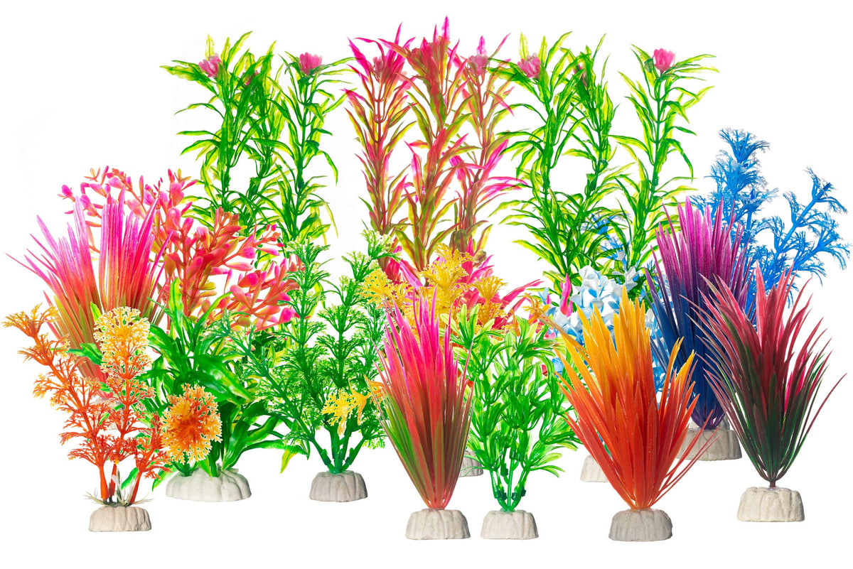 CNZ Assorted Color Aquarium Plastic Plant Decoration w Ceramic Base, 16-piece Assorted