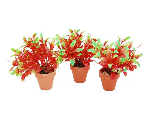 CNZ Artificial Aquarium Plants, Red & Green Potted Plastic Fish Tank Decorations, 3-Piece Set