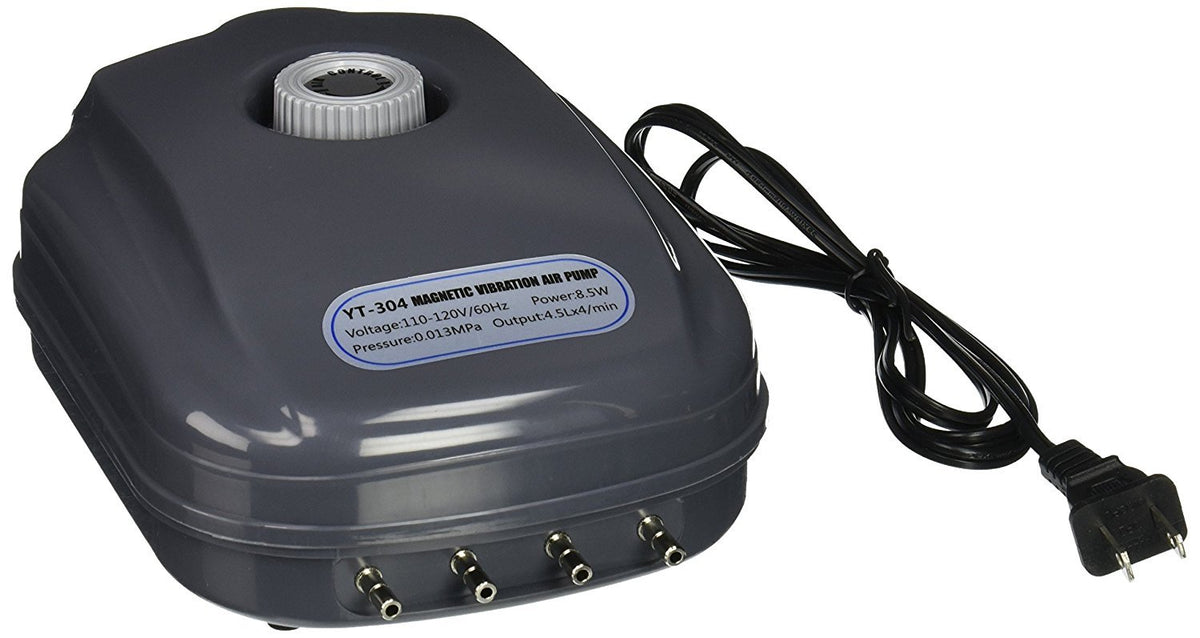 Sun YT-304 18 LPM Aquarium Air Pump with 4 Outlets, 8.5W, 120 Gallon Grey