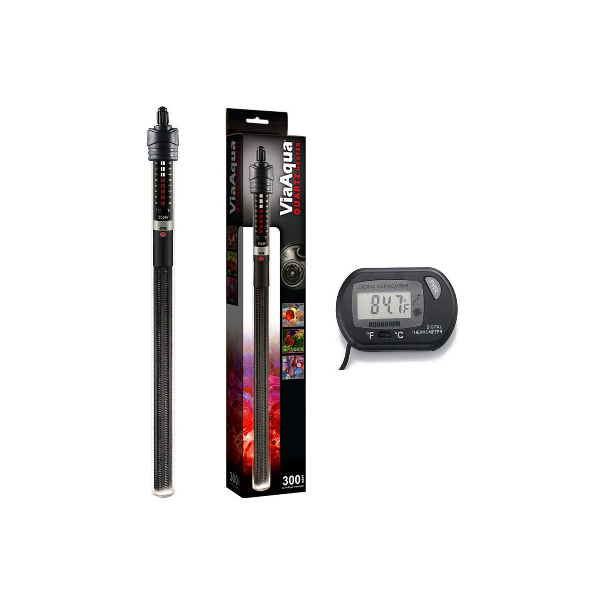 ViaAqua 300-Watt Quartz Glass Submersible Heater with Aquarium Thermometer with Suction Cup